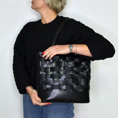 Сумка шопер жіноча плетена чорна зі штучної шкіри МІС 36060 - 4